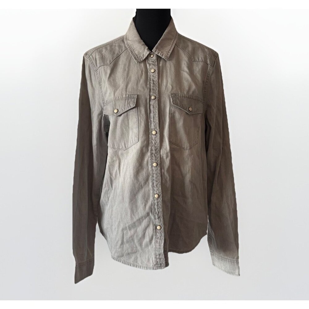 Allsaints Womens Long Sleeve Gray Shirt Sz 10 US Snap Button Edgy Grunge Capsule